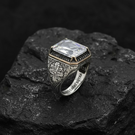 RARE PRINCE by CARAT SUTRA | Unique Designed Turkish Style Ring with White Zirconia | 925 Sterling Silver Oxidized Ring | Men's Jewelry | With Certificate of Authenticity and 925 Hallmark