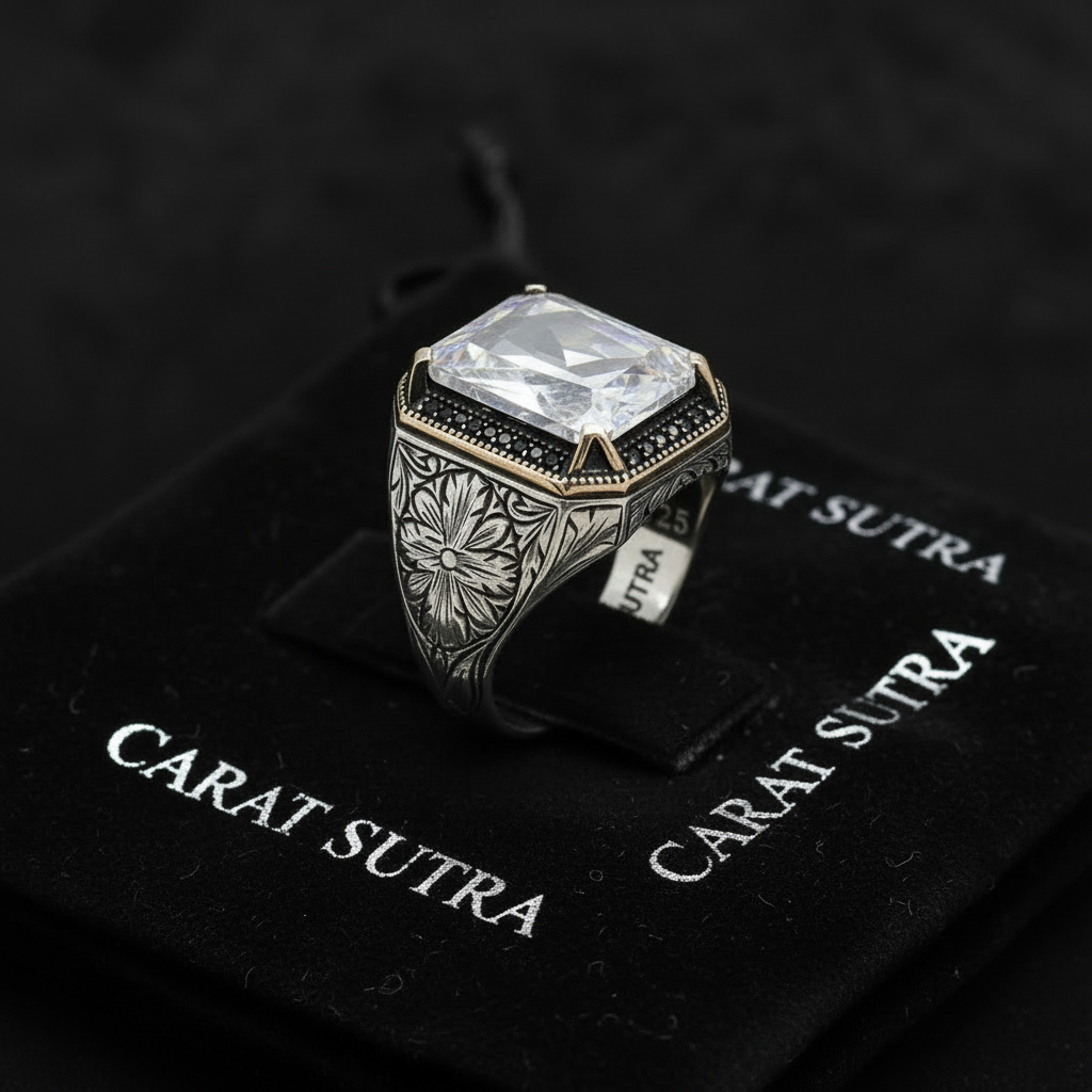 RARE PRINCE by CARAT SUTRA | Unique Designed Turkish Style Ring with White Zirconia | 925 Sterling Silver Oxidized Ring | Men's Jewelry | With Certificate of Authenticity and 925 Hallmark