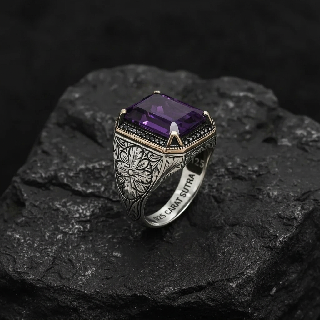 RARE PRINCE by CARAT SUTRA | Unique Designed Turkish Style Ring with Original 10Ct Amethyst | 925 Sterling Silver Oxidized Ring with Hallmark