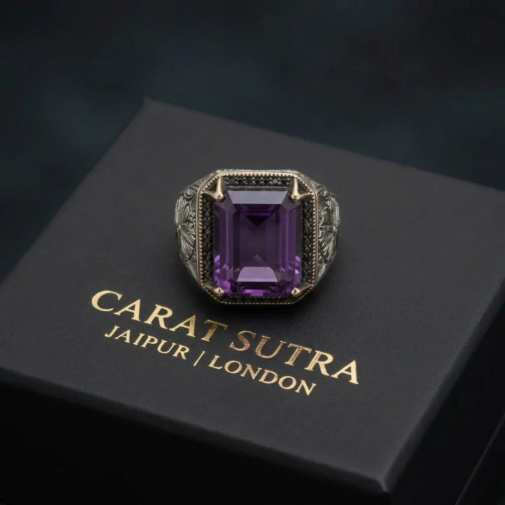 RARE PRINCE by CARAT SUTRA | Unique Designed Turkish Style Ring with Original 10Ct Amethyst | 925 Sterling Silver Oxidized Ring with Hallmark