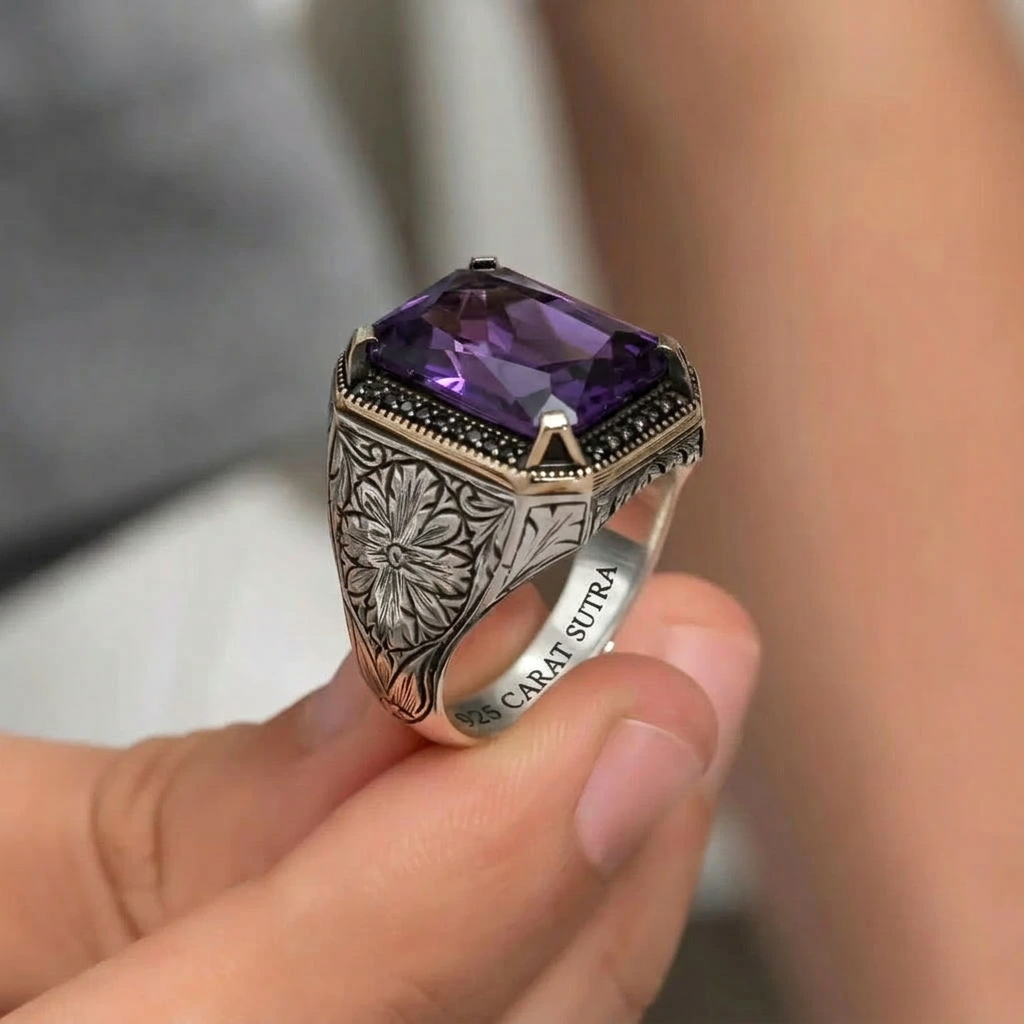 RARE PRINCE by CARAT SUTRA | Unique Designed Turkish Style Ring with Original 10Ct Amethyst | 925 Sterling Silver Oxidized Ring with Hallmark