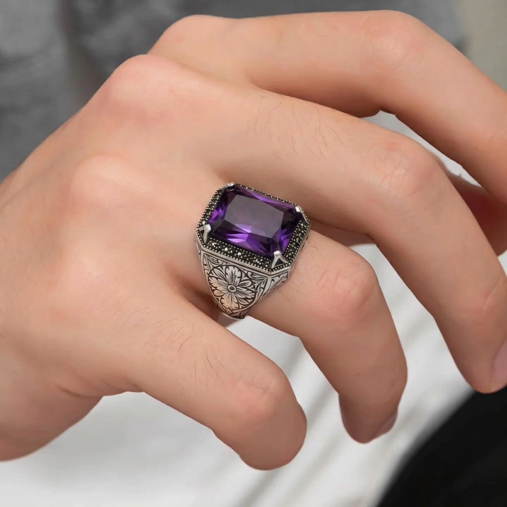 RARE PRINCE by CARAT SUTRA | Unique Designed Turkish Style Ring with Original 10Ct Amethyst | 925 Sterling Silver Oxidized Ring with Hallmark