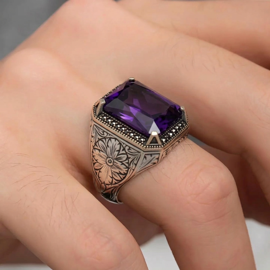 RARE PRINCE by CARAT SUTRA | Unique Designed Turkish Style Ring with Original 10Ct Amethyst | 925 Sterling Silver Oxidized Ring with Hallmark