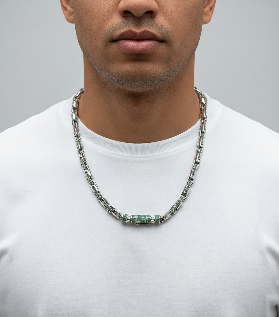 RARE PRINCE by CARAT SUTRA | Natural Emerald Stone Studded in Unique Link Chain | 925 Sterling Silver Chain with Rhodium Plating | Men's Jewelry | With Certificate of Authenticity and 925 Hallmark