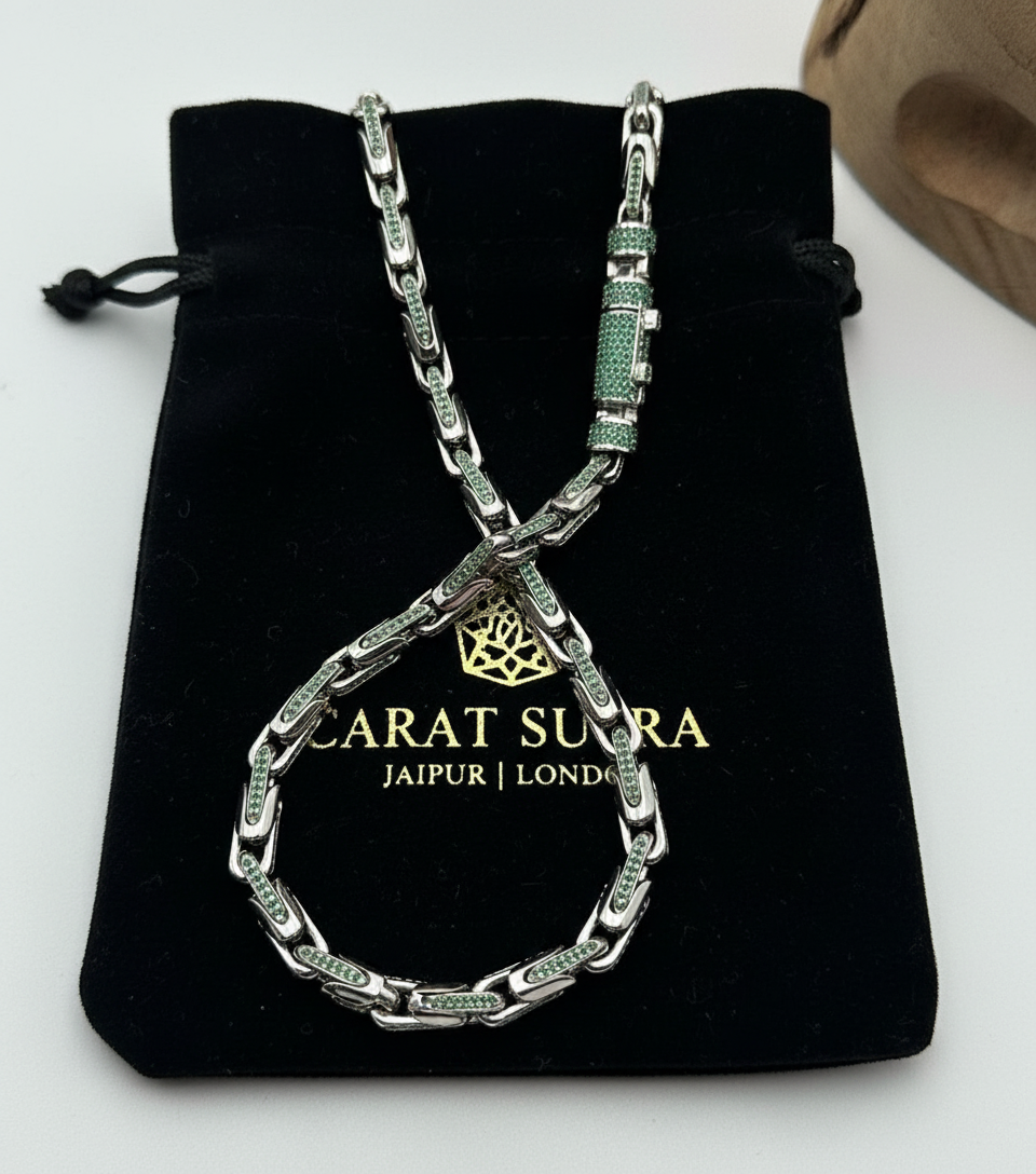 RARE PRINCE by CARAT SUTRA | Natural Emerald Stone Studded in Unique Link Chain | 925 Sterling Silver Chain with Rhodium Plating | Men's Jewelry | With Certificate of Authenticity and 925 Hallmark - caratsutra
