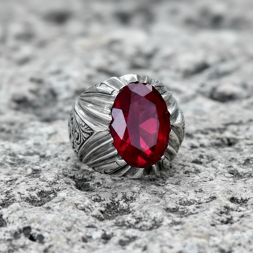 RARE PRINCE by CARAT SUTRA | Unique Designed Ring with Natural Red Ruby | 925 Sterling Silver Oxidized Ring | Men's Jewelry | With Certificate of Authenticity and 925 Hallmark