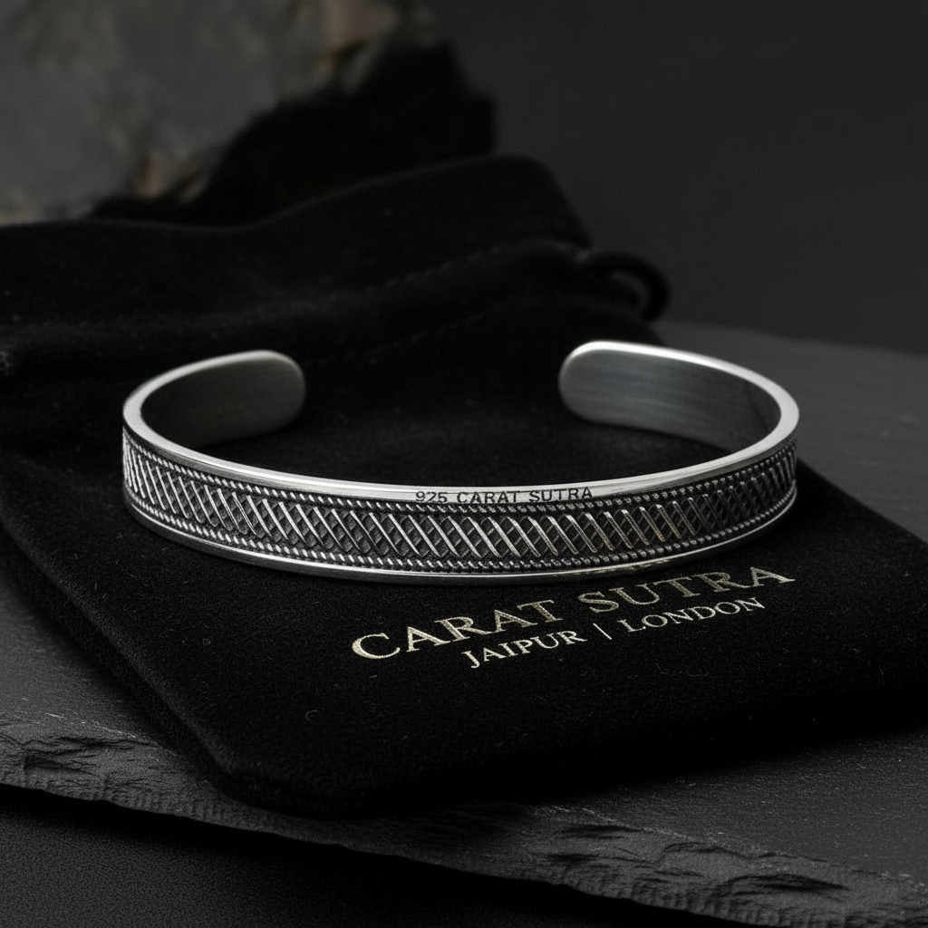 RARE PRINCE by CARAT SUTRA | Unique Style Oxidized Sterling Silver Bangle/kadaa/Handcuff for Men & Boys | 925 Sterling Silver Bracelet | Men's Jewelry | With Certificate of Authenticity and 925 Hallmark