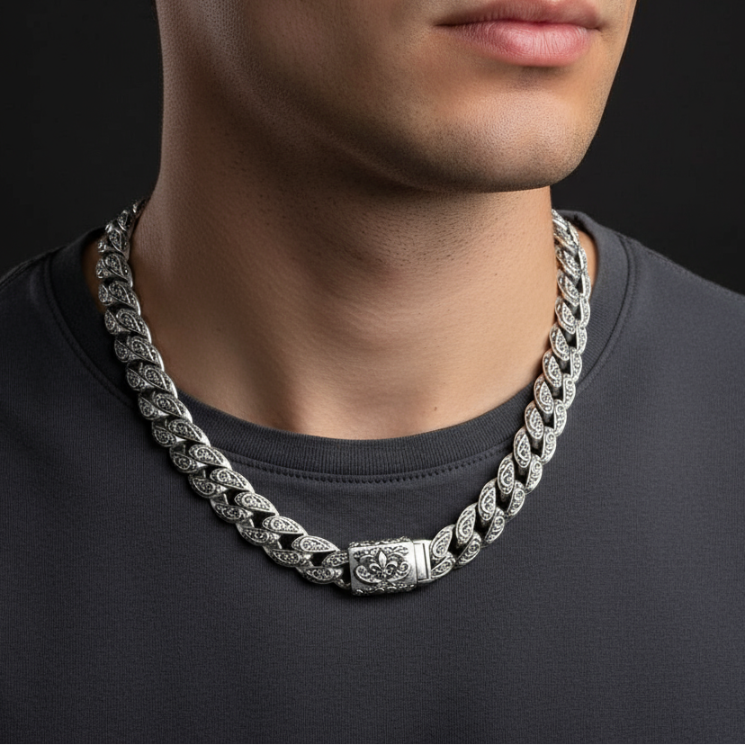 RARE PRINCE by CARAT SUTRA | 16mm Wide Solid Floral Cuban Chain link Necklace | Oxidised 925 Sterling Silver Bracelet | Men's Jewelry | With Certificate of Authenticity and 925 Hallmark