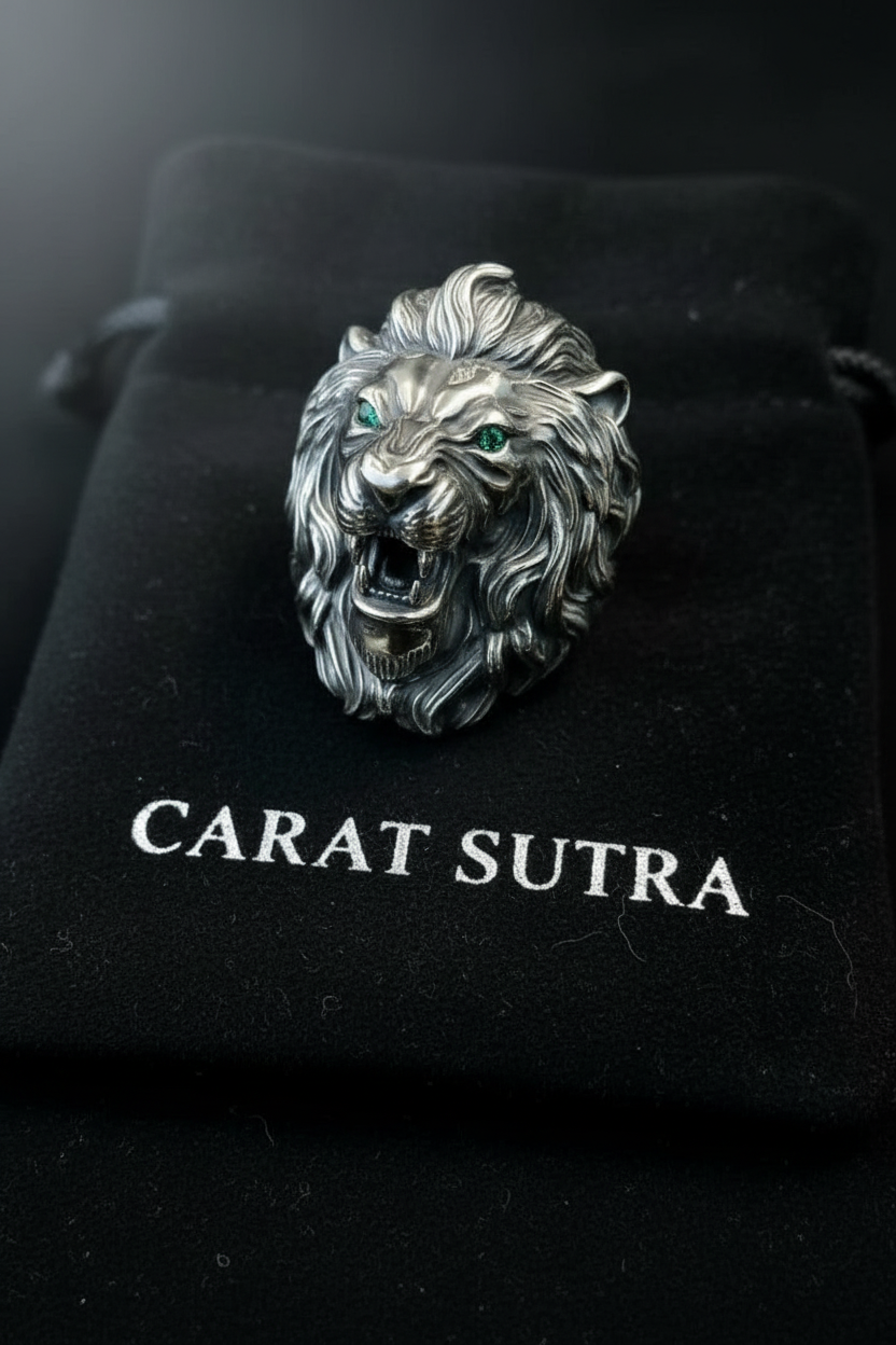 100g Unique Designed 3D Lion Face Ring with real Emerald green eyes | 925 Sterling Silver Oxidized Ring | With Certificate of Authenticity and 925 Hallmark