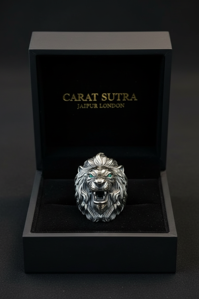 100g Unique Designed 3D Lion Face Ring with real Emerald green eyes | 925 Sterling Silver Oxidized Ring | With Certificate of Authenticity and 925 Hallmark - caratsutra