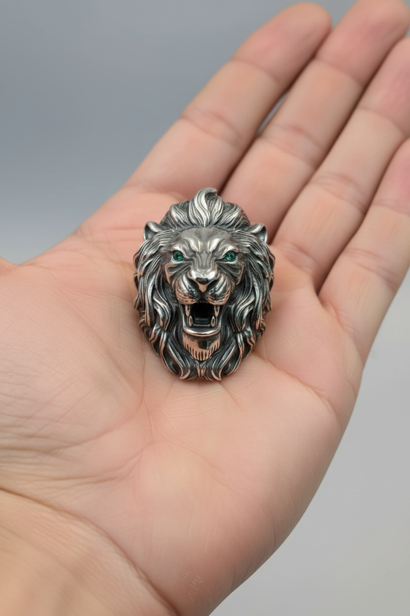 100g Unique Designed 3D Lion Face Ring with real Emerald green eyes | 925 Sterling Silver Oxidized Ring | With Certificate of Authenticity and 925 Hallmark