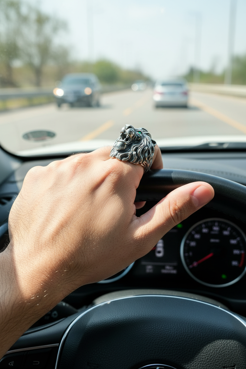 100g Unique Designed 3D Lion Face Ring with real Emerald green eyes | 925 Sterling Silver Oxidized Ring | With Certificate of Authenticity and 925 Hallmark