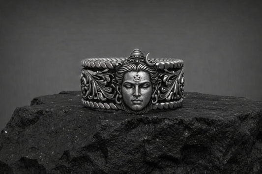 RARE PRINCE by CARAT SUTRA | Unique Designed Solid 3D Shiva Face Band Ring | 925 Sterling Silver Oxidized Ring | With Certificate of Authenticity and 925 Hallmark - caratsutra