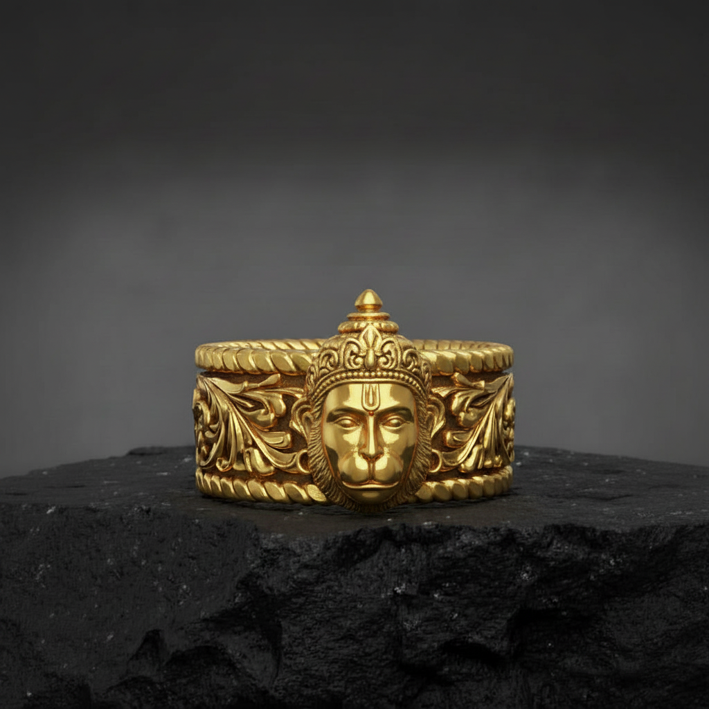 22k Micron Gold Plated, Unique Designed Solid 3D Hanuman Face Band Ring | 925 Sterling Silver