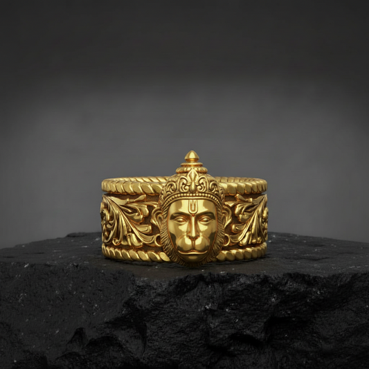 22k Micron Gold Plated, Unique Designed Solid 3D Hanuman Face Band Ring | 925 Sterling Silver