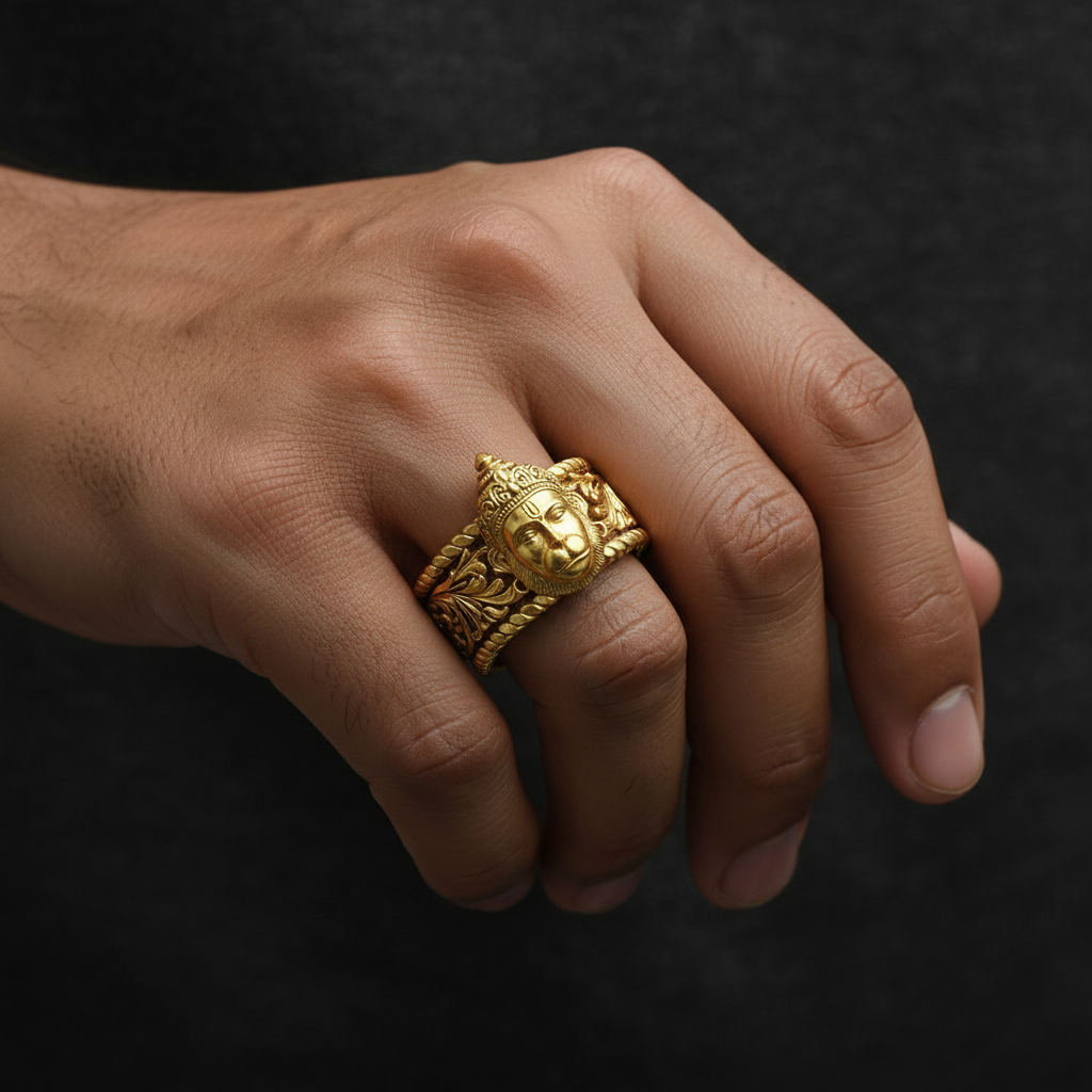 22k Micron Gold Plated, Unique Designed Solid 3D Hanuman Face Band Ring | 925 Sterling Silver