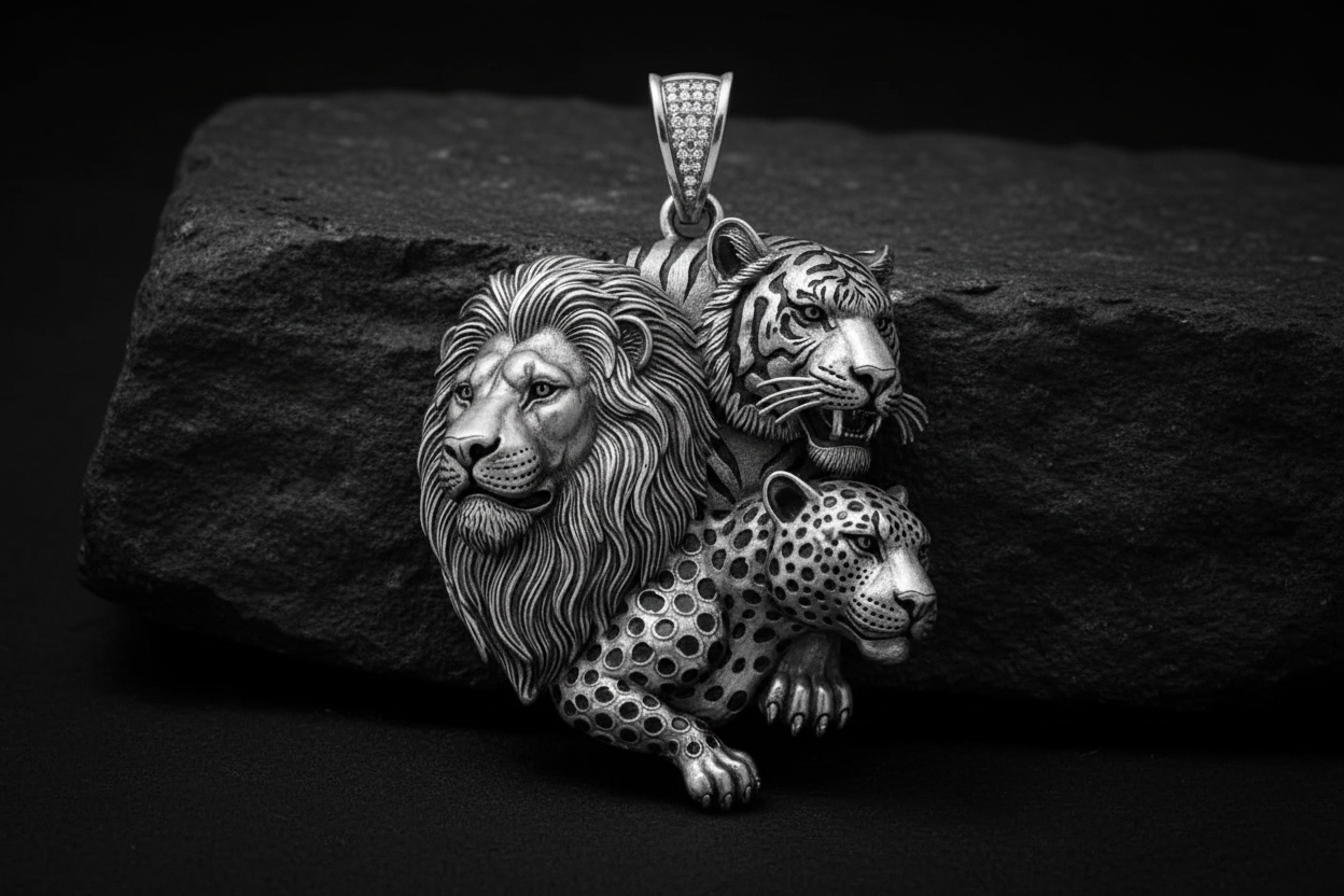 Unique Designed Lion - Tiger - Leopard Pendant for Men | 925 Sterling Silver Oxidized Pendant | Men's Jewelry | With Certificate of Authenticity and 925 Hallmark - caratsutra