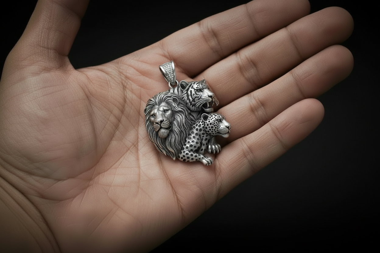 Unique Designed Lion - Tiger - Leopard Pendant for Men | 925 Sterling Silver Oxidized Pendant | Men's Jewelry | With Certificate of Authenticity and 925 Hallmark - caratsutra