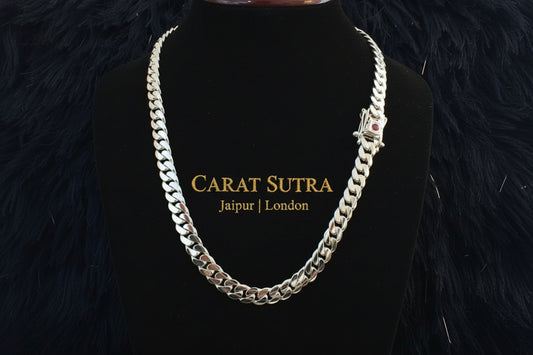 12mm Wide Solid Miami Cuban Link Chain with Ruby stone Lock  | 925 Sterling Silver Chain | Men's Jewelry | With Certificate of Authenticity and 925 Hallmark - caratsutra