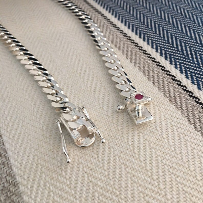 12mm Wide Solid Miami Cuban Link Chain with Ruby stone Lock  | 925 Sterling Silver Chain | Men's Jewelry | With Certificate of Authenticity and 925 Hallmark - caratsutra