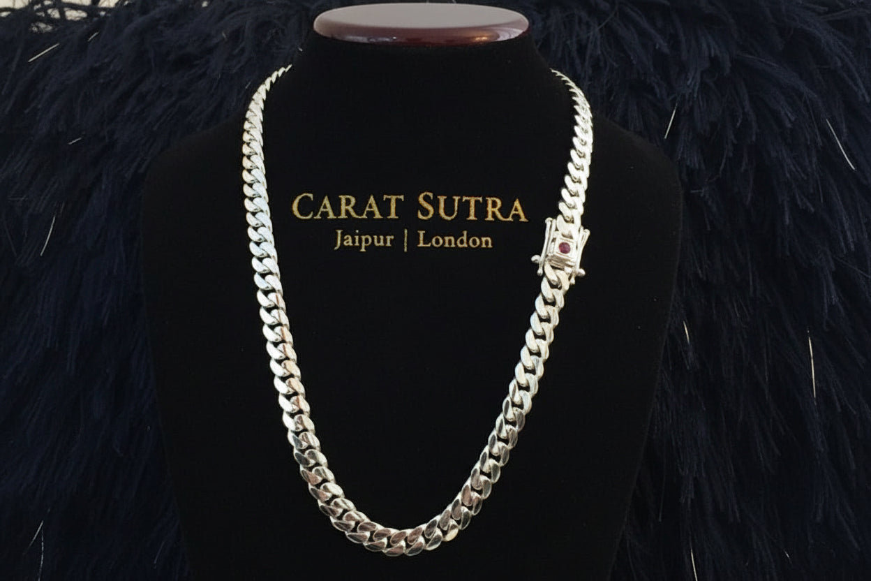12mm Wide Solid Miami Cuban Link Chain with Ruby stone Lock  | 925 Sterling Silver Chain | Men's Jewelry | With Certificate of Authenticity and 925 Hallmark - caratsutra