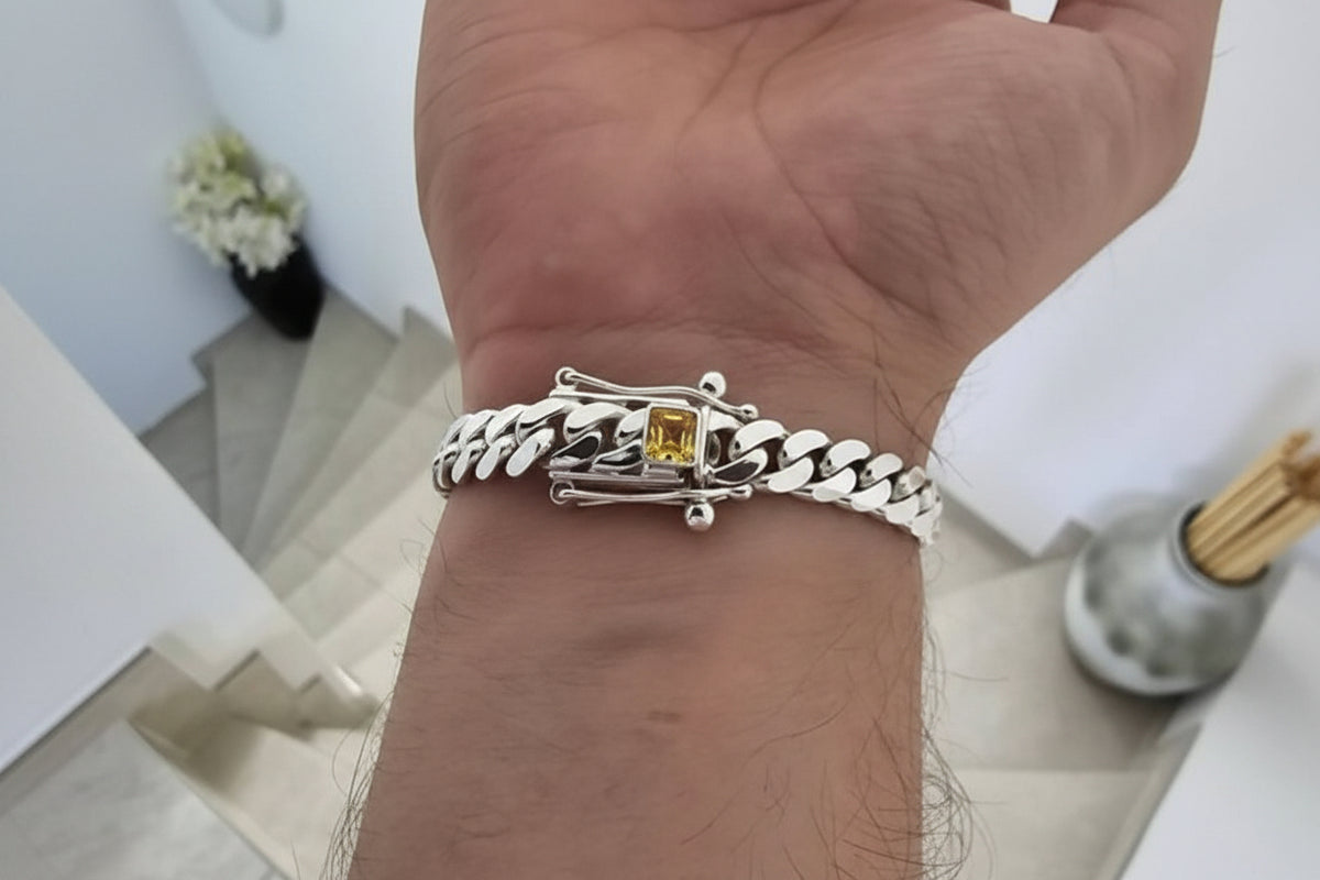 12mm Wide Solid Miami Cuban Link Bracelet with Yellow Citrine stone lock | 925 Sterling Silver Bracelet | Men's Jewelry - caratsutra