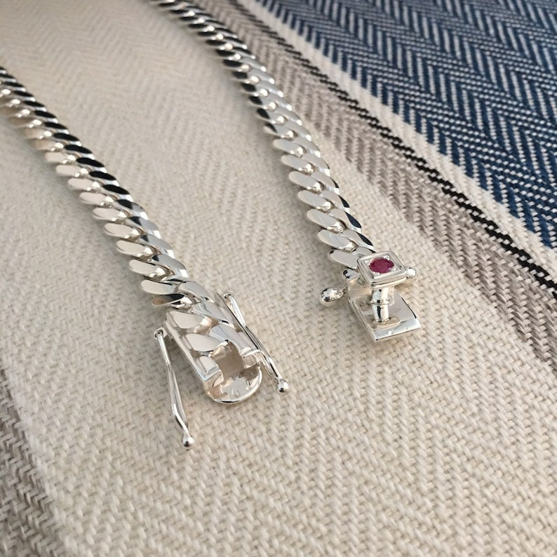 12mm Wide Solid Miami Cuban Link Chain with Ruby stone Lock  | 925 Sterling Silver Chain | Men's Jewelry | With Certificate of Authenticity and 925 Hallmark - caratsutra