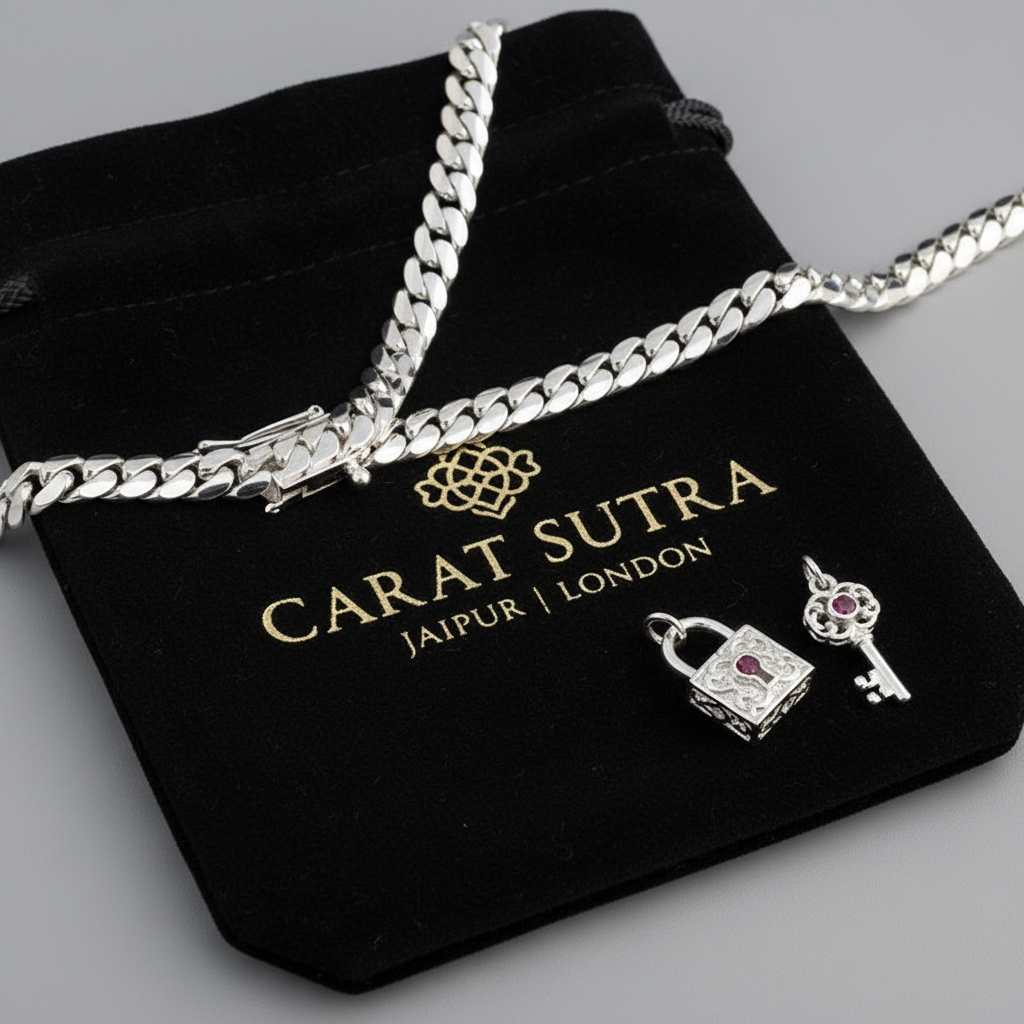 12mm Wide Solid Miami Cuban Link Chain with Ruby stone Lock  | 925 Sterling Silver Chain | Men's Jewelry | With Certificate of Authenticity and 925 Hallmark - caratsutra