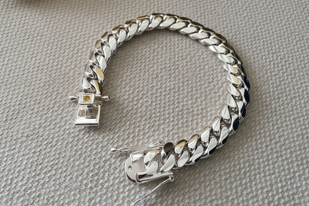 12mm Wide Solid Miami Cuban Link Bracelet with Yellow Citrine stone lock | 925 Sterling Silver Bracelet | Men's Jewelry - caratsutra