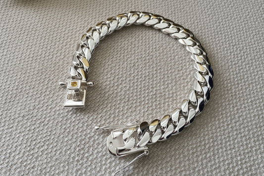 12mm Wide Solid Miami Cuban Link Bracelet with Yellow Citrine stone lock | 925 Sterling Silver Bracelet | Men's Jewelry