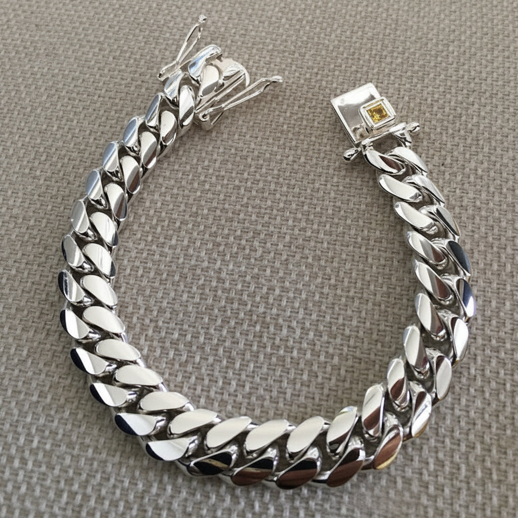 12mm Wide Solid Miami Cuban Link Bracelet with Yellow Citrine stone lock | 925 Sterling Silver Bracelet | Men's Jewelry - caratsutra