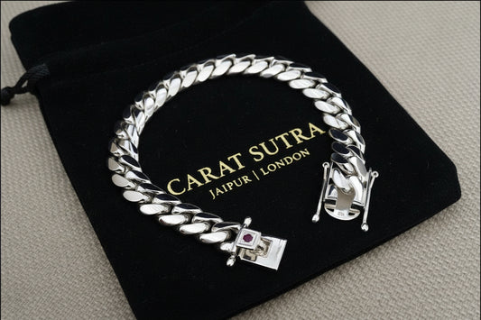 12mm Wide Solid Miami Cuban Link Bracelet with Ruby stone lock |925 Sterling Silver Bracelet | Men's Jewelry | With Certificate of Authenticity and 925 Hallmark - caratsutra