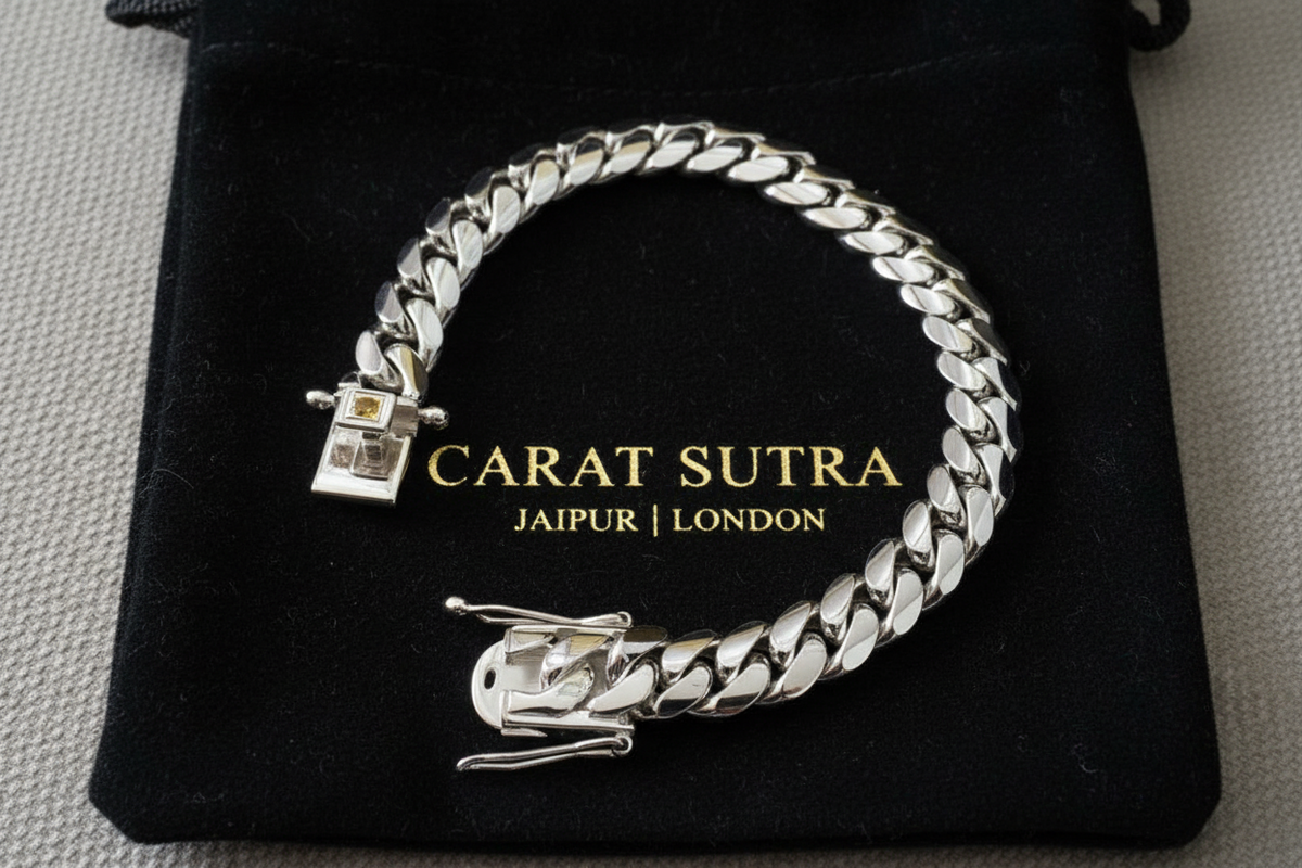 12mm Wide Solid Miami Cuban Link Bracelet with Yellow Citrine stone lock | 925 Sterling Silver Bracelet | Men's Jewelry - caratsutra