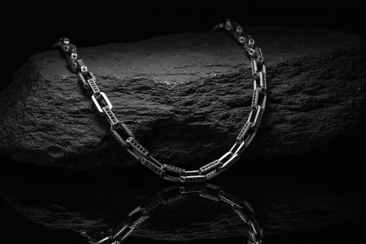 RARE PRINCE by CARAT SUTRA | 8mm Wide Oxidised Solid Miami Cuban Link Chain Studded With Black Zirconia Stone | 925 Sterling Silver Chain | Men's Jewelry | With Certificate of Authenticity and 925 Hallmark - caratsutra