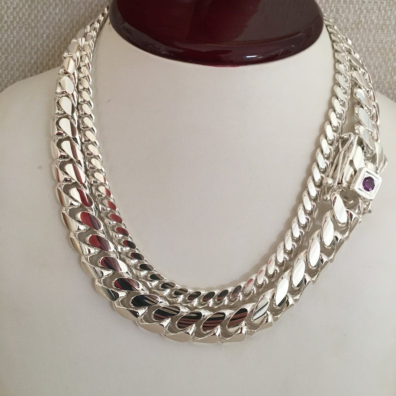 18mm Wide Solid Miami Cuban Link Chain with Amethyst Stone Lock | 925 Sterling Silver Chain | Men's Jewelry | With Certificate of Authenticity and 925 Hallmark - caratsutra