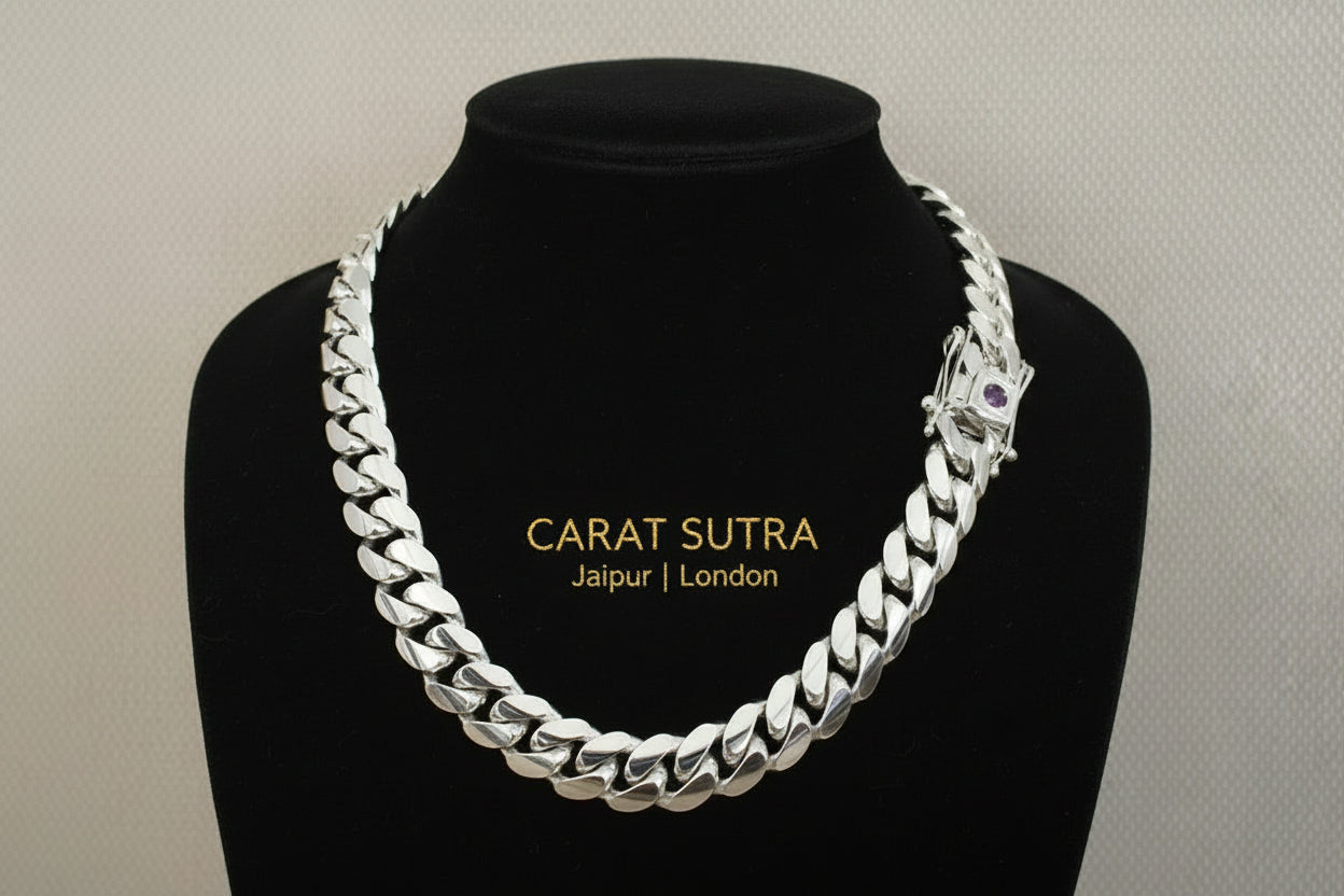 18mm Wide Solid Miami Cuban Link Chain with Amethyst Stone Lock | 925 Sterling Silver Chain | Men's Jewelry | With Certificate of Authenticity and 925 Hallmark - caratsutra