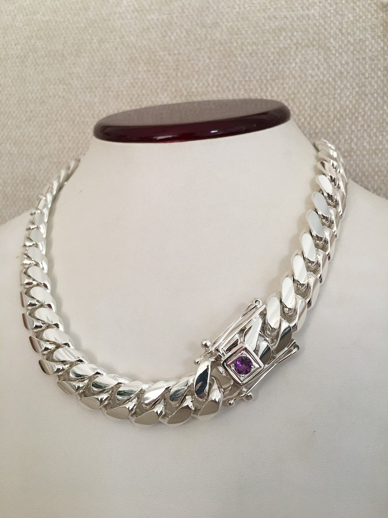 18mm Wide Solid Miami Cuban Link Chain with Amethyst Stone Lock | 925 Sterling Silver Chain | Men's Jewelry | With Certificate of Authenticity and 925 Hallmark - caratsutra
