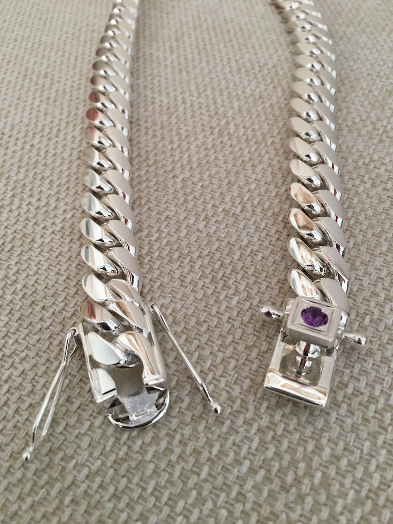 18mm Wide Solid Miami Cuban Link Chain with Amethyst Stone Lock | 925 Sterling Silver Chain | Men's Jewelry | With Certificate of Authenticity and 925 Hallmark - caratsutra