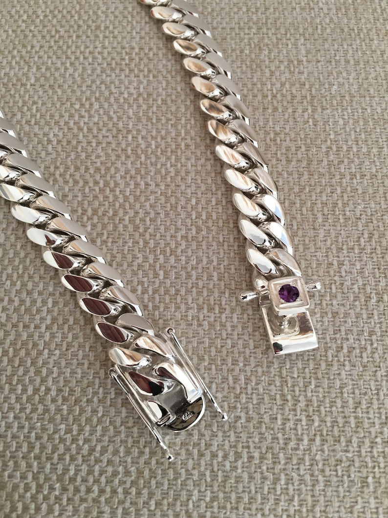 18mm Wide Solid Miami Cuban Link Chain with Amethyst Stone Lock | 925 Sterling Silver Chain | Men's Jewelry | With Certificate of Authenticity and 925 Hallmark - caratsutra