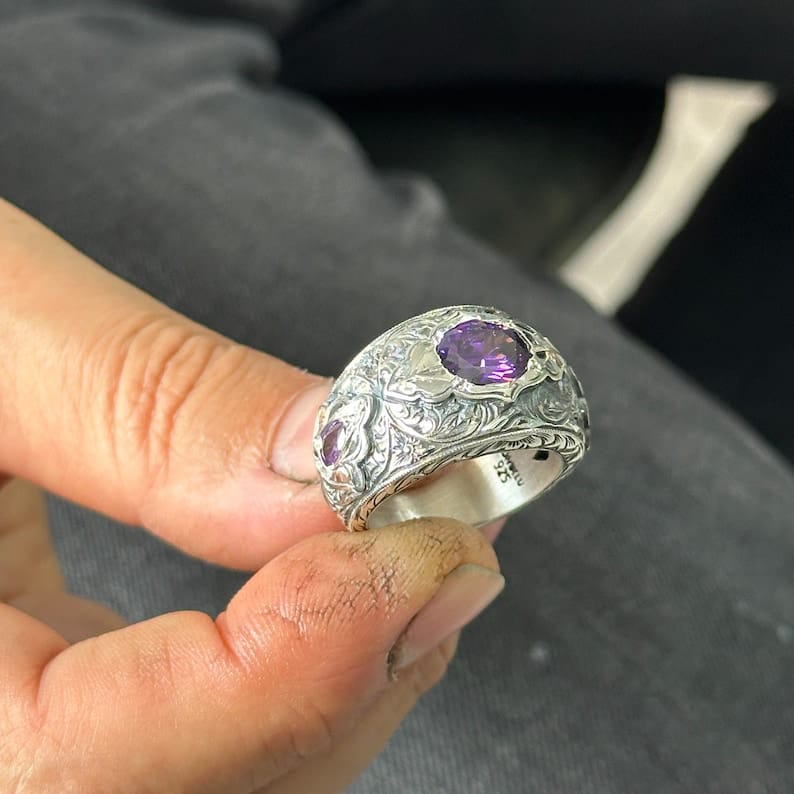 Hand-Engraved Original Amethyst Silver Band | 925 Sterling Silver Ring, studded with Amethyst | With Certificate of Authenticity and 925 Hallmark - caratsutra