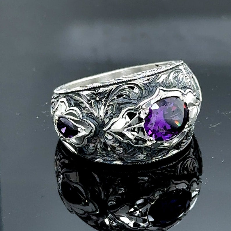 Hand-Engraved Original Amethyst Silver Band | 925 Sterling Silver Ring, studded with Amethyst | With Certificate of Authenticity and 925 Hallmark - caratsutra