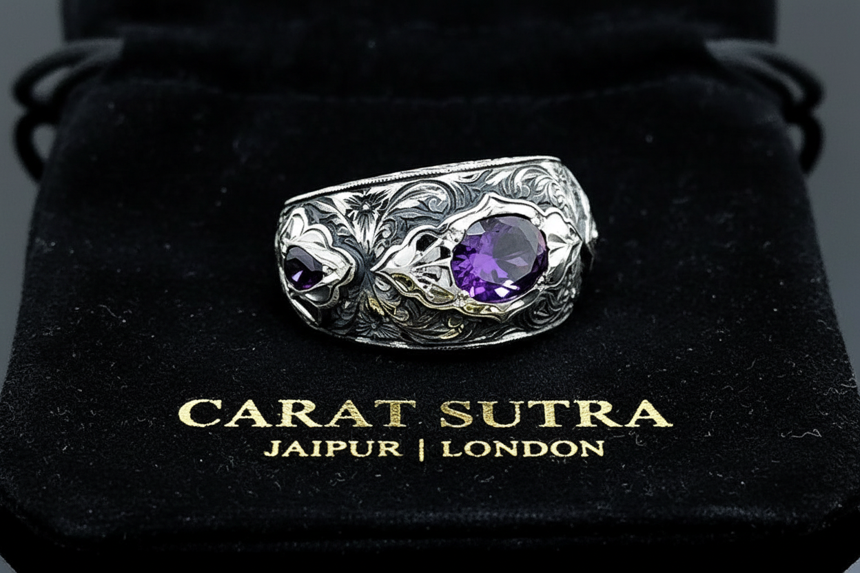 Hand-Engraved Original Amethyst Silver Band | 925 Sterling Silver Ring, studded with Amethyst | With Certificate of Authenticity and 925 Hallmark - caratsutra