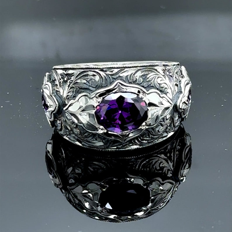 Hand-Engraved Original Amethyst Silver Band | 925 Sterling Silver Ring, studded with Amethyst | With Certificate of Authenticity and 925 Hallmark - caratsutra