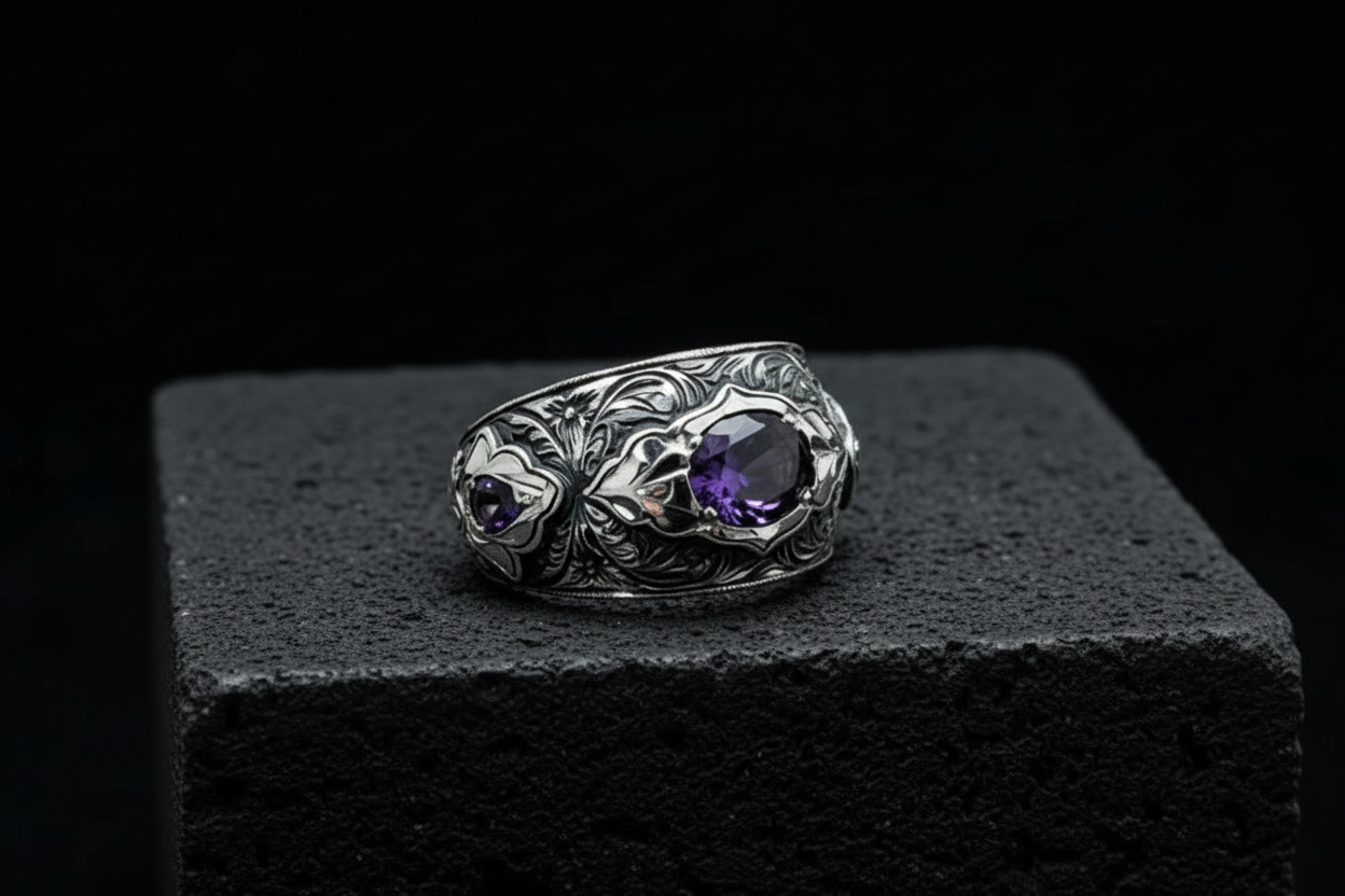 Hand-Engraved Original Amethyst Silver Band | 925 Sterling Silver Ring, studded with Amethyst | With Certificate of Authenticity and 925 Hallmark - caratsutra