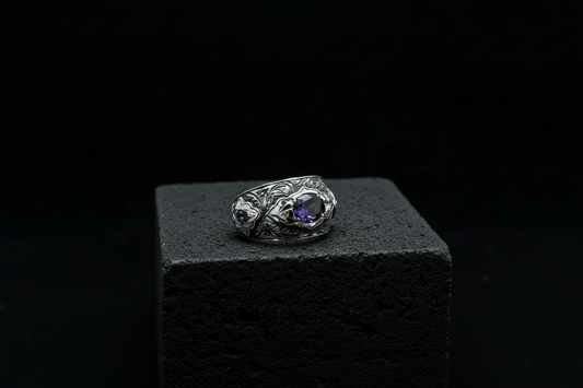 Hand-Engraved Original Amethyst Silver Band | 925 Sterling Silver Ring, studded with Amethyst | With Certificate of Authenticity and 925 Hallmark - caratsutra