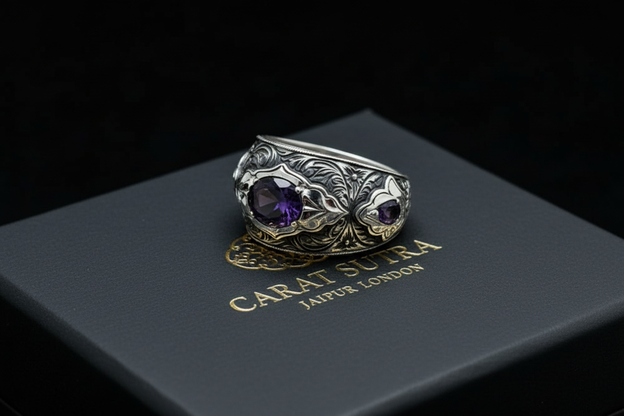Hand-Engraved Original Amethyst Silver Band | 925 Sterling Silver Ring, studded with Amethyst | With Certificate of Authenticity and 925 Hallmark - caratsutra