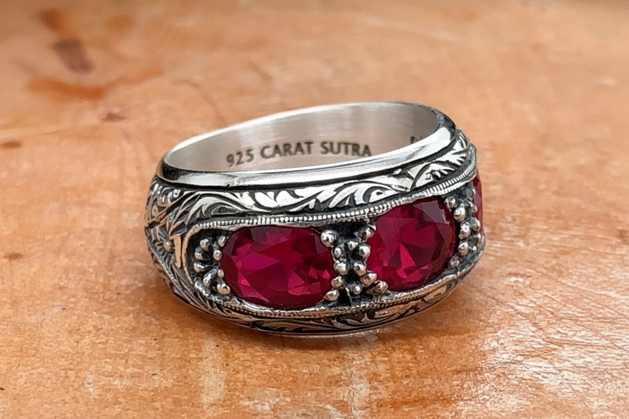 Hand-Engraved Original Ruby Silver Band | 925 Sterling Silver Ring, studded with Original Ruby | With Certificate of Authenticity and 925 Hallmark - caratsutra