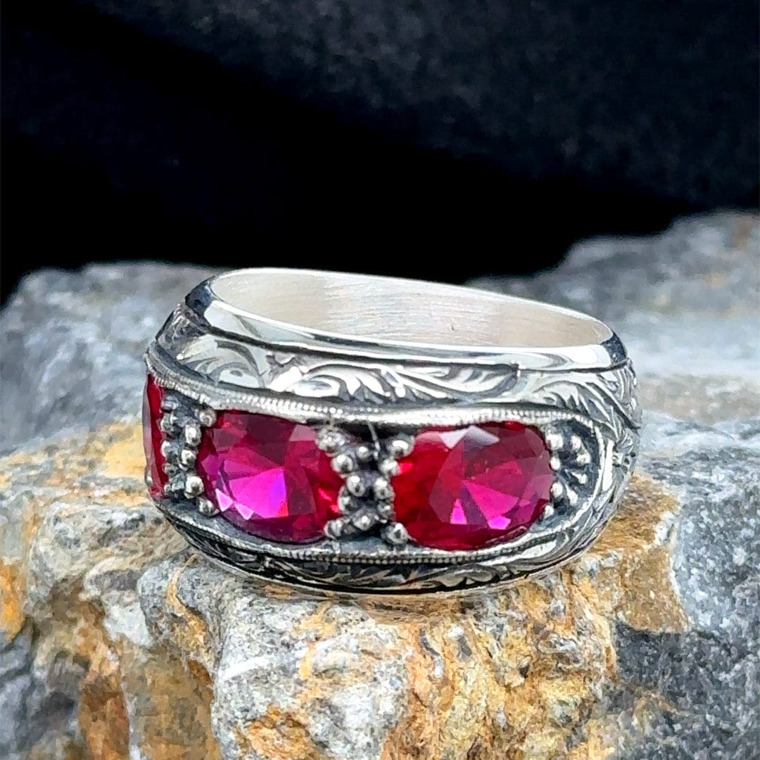 Hand-Engraved Original Ruby Silver Band | 925 Sterling Silver Ring, studded with Original Ruby | With Certificate of Authenticity and 925 Hallmark - caratsutra