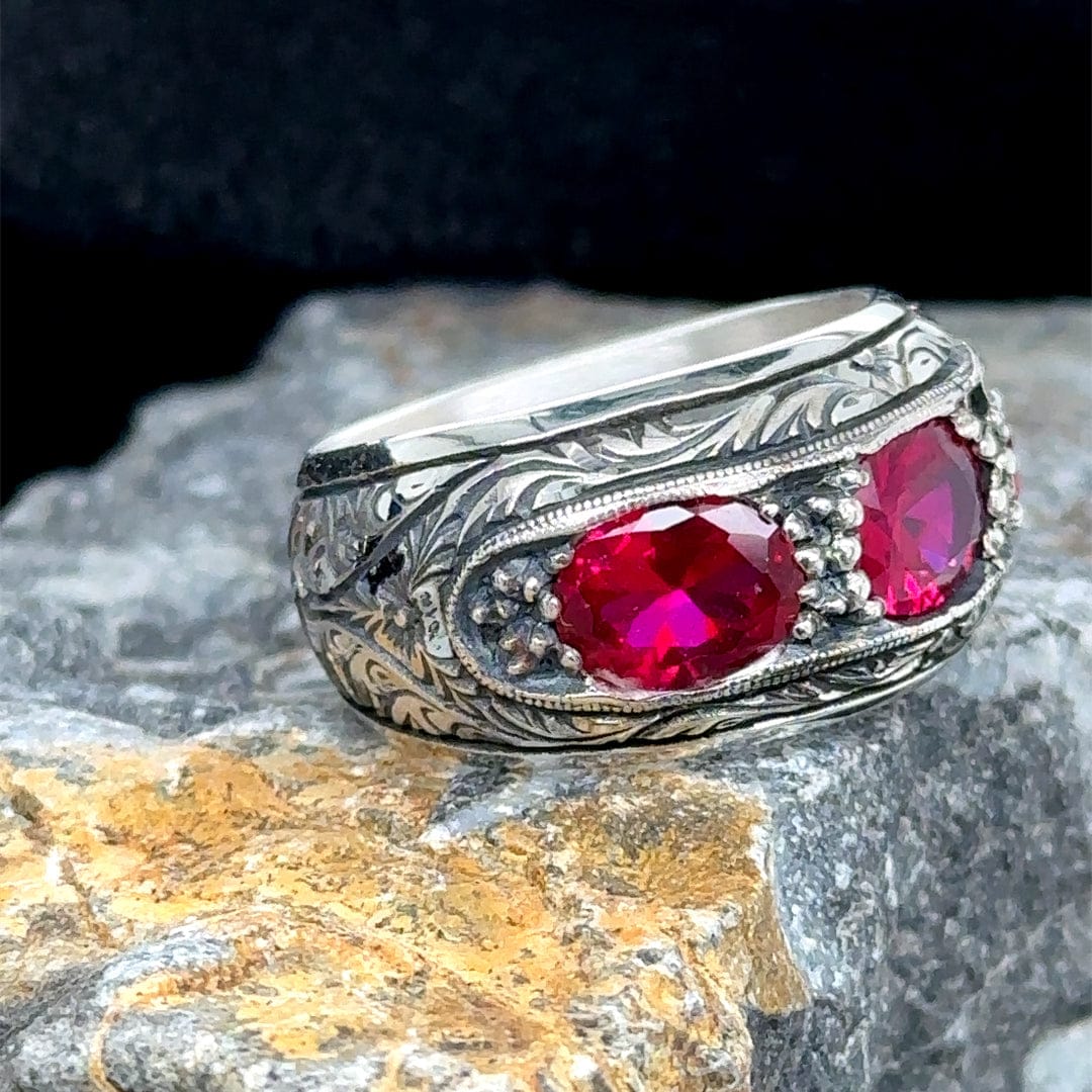 Hand-Engraved Original Ruby Silver Band | 925 Sterling Silver Ring, studded with Original Ruby | With Certificate of Authenticity and 925 Hallmark - caratsutra