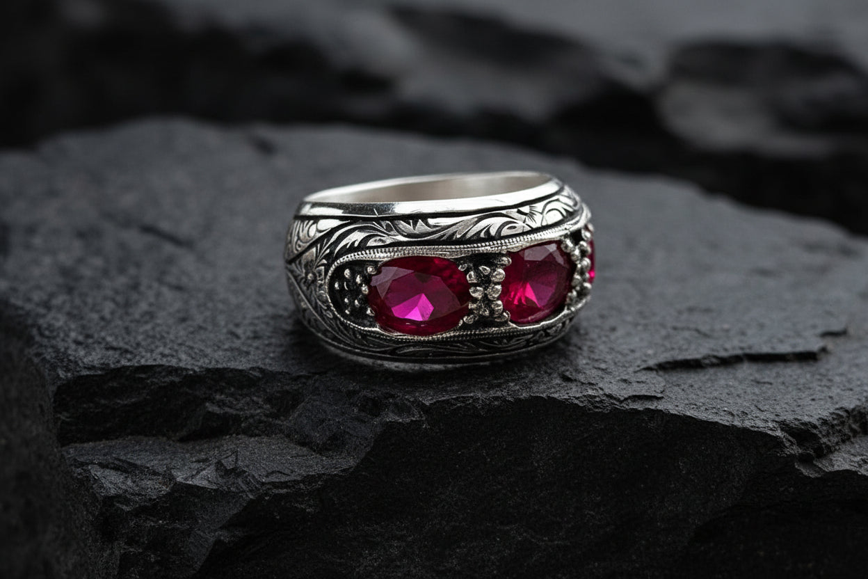 Hand-Engraved Original Ruby Silver Band | 925 Sterling Silver Ring, studded with Original Ruby | With Certificate of Authenticity and 925 Hallmark - caratsutra